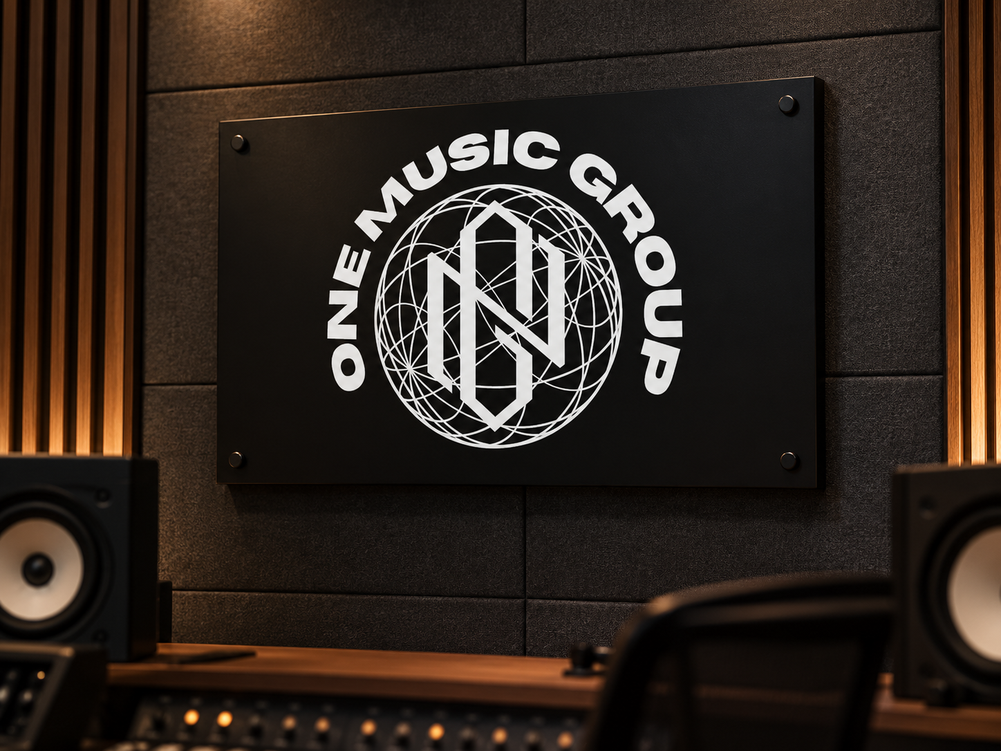 ONE Music Group studio-signage concept on a charcoal acoustic wall